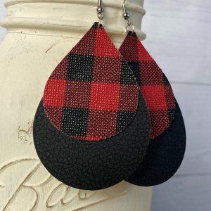 Buffalo Check Faux Leather Earrings, Christmas Earrings